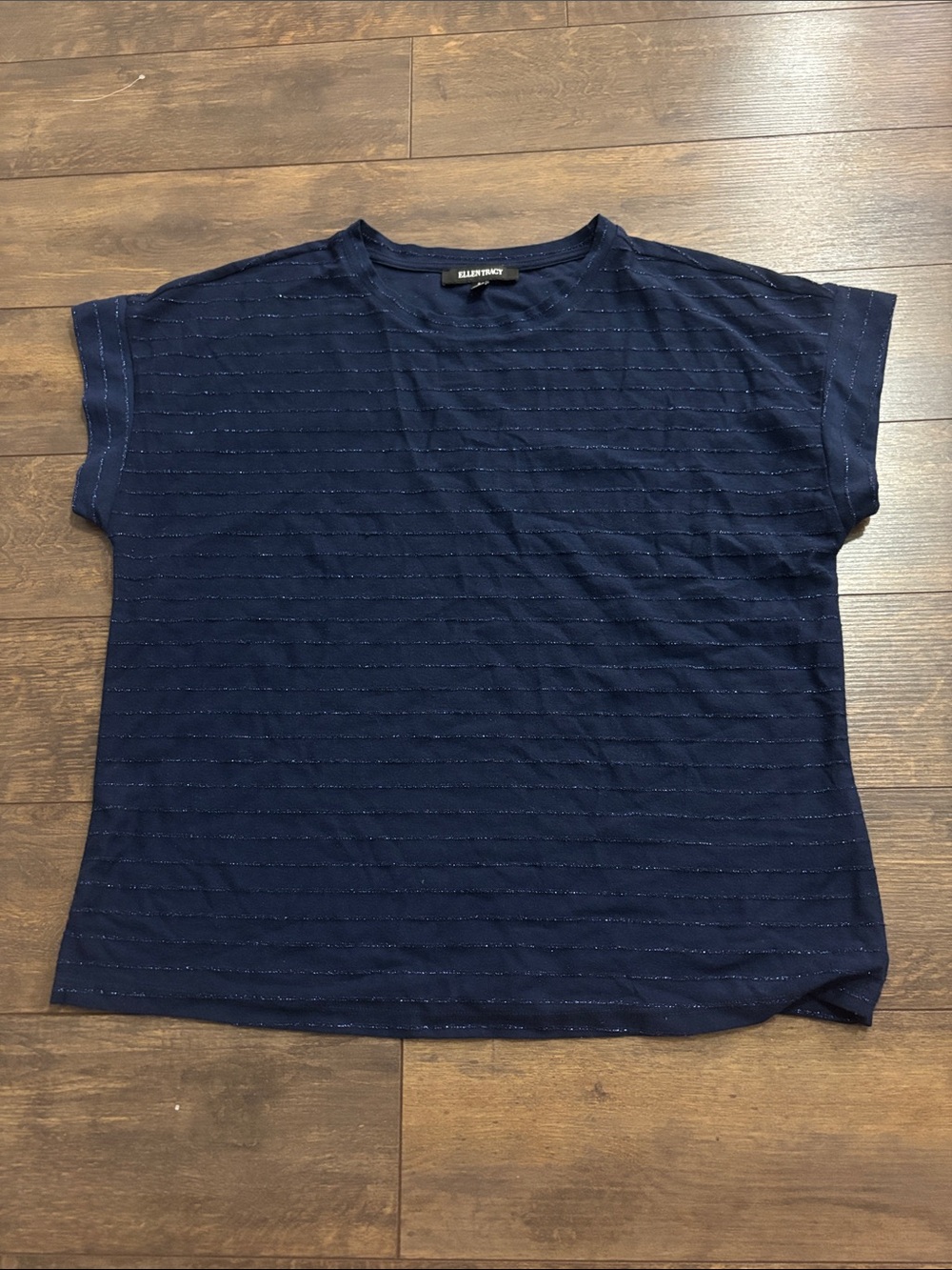 Ellen Tracy Navy Short Sleeve Textured Crewneck Top